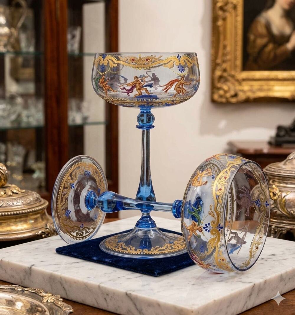 Salviati Style Venetian 2 Glasses Hand Painted Gold Enamel Mythological Goblets